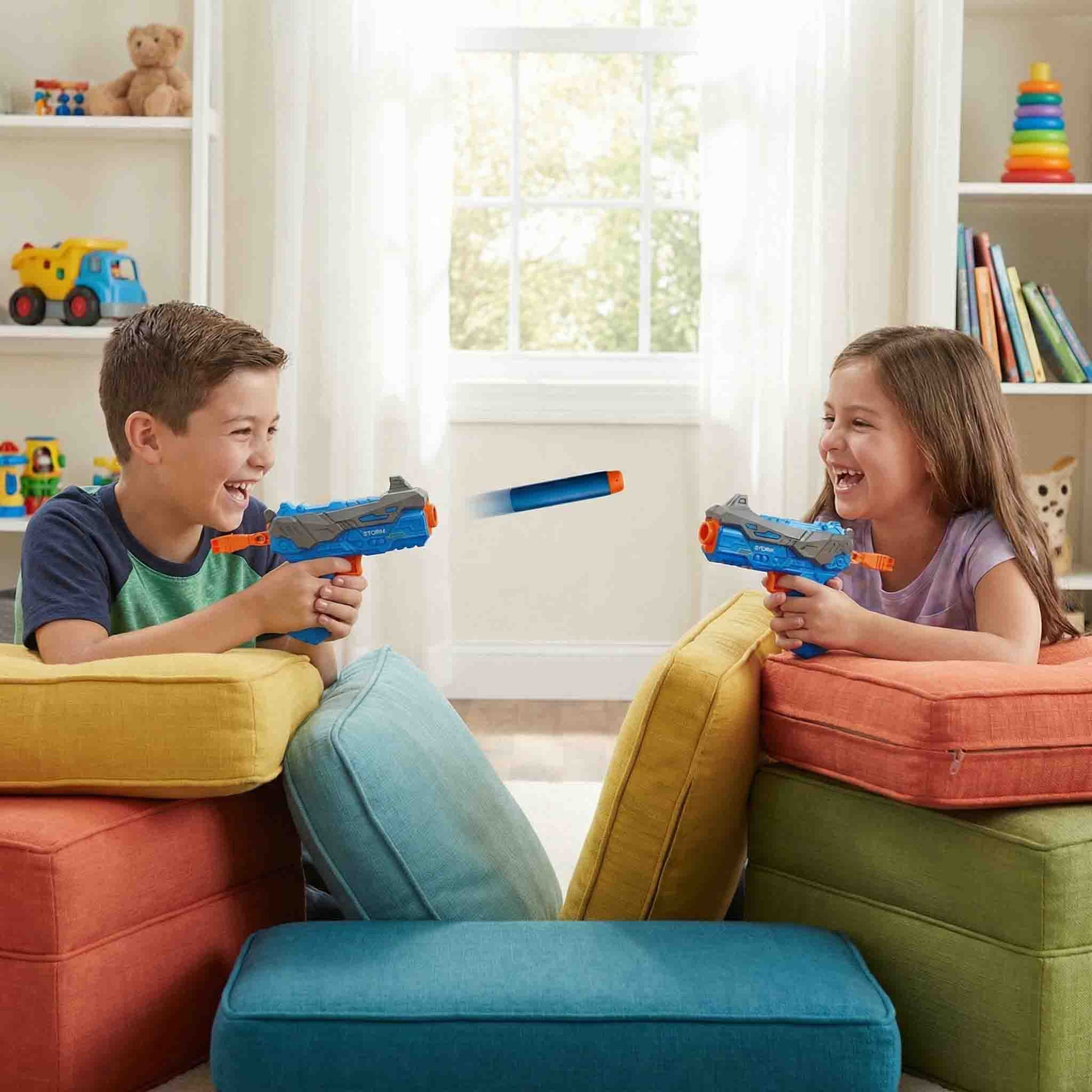 Safe kids shooting toy blaster with EVA foam darts and durable plastic body