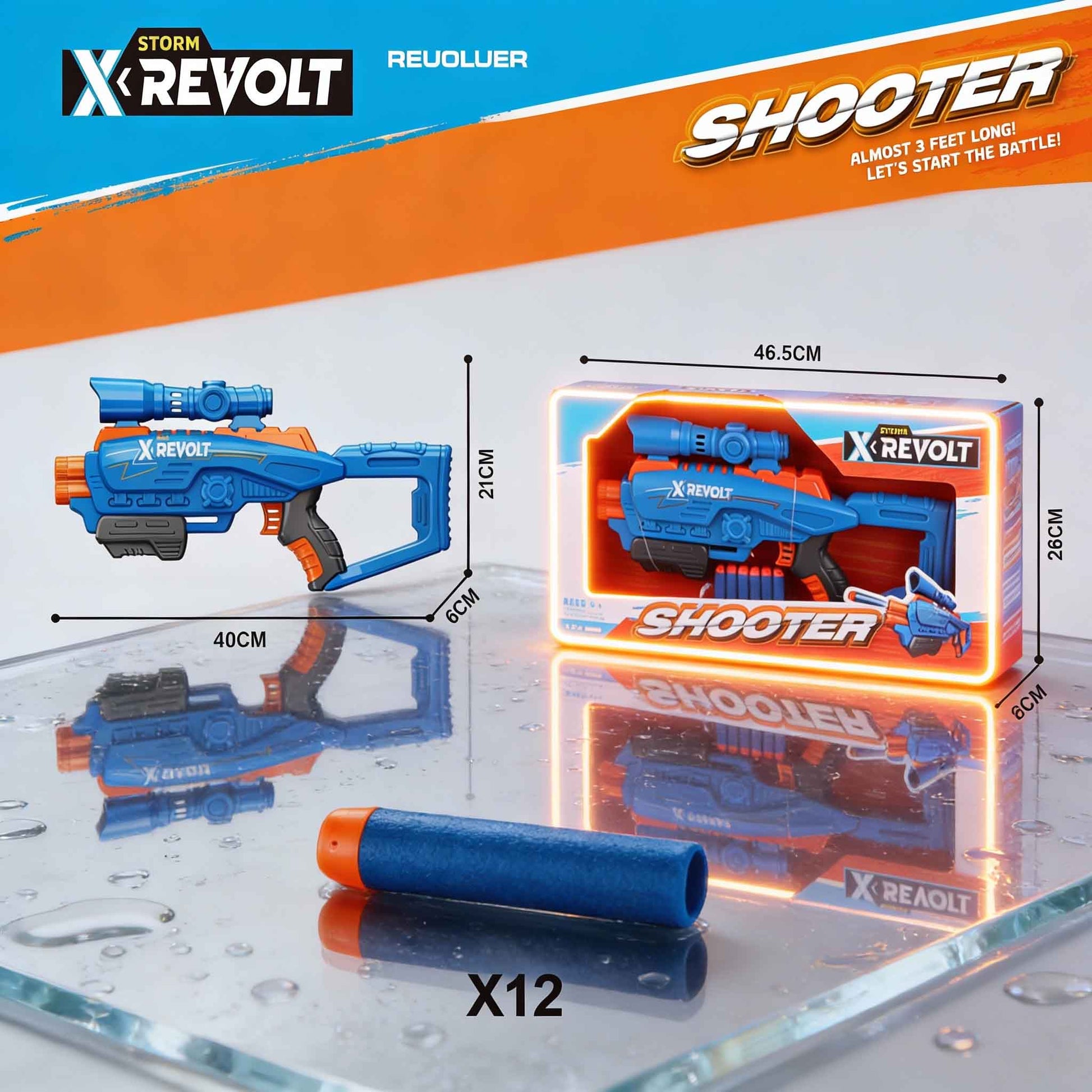 X Revolt Storm Revolver Shooter toy with foam darts
• Large blue and orange foam dart blaster for kids
• X Revolt Storm Shooter toy gun packaging display
• Safe foam bullet shooter toy for children