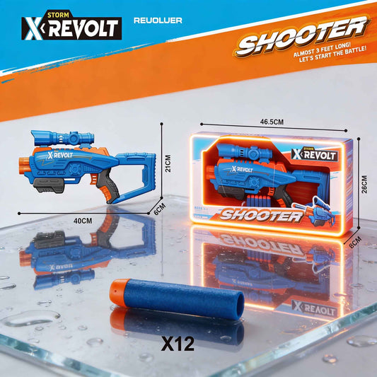X Revolt Storm Revolver Shooter toy with foam darts
• Large blue and orange foam dart blaster for kids
• X Revolt Storm Shooter toy gun packaging display
• Safe foam bullet shooter toy for children