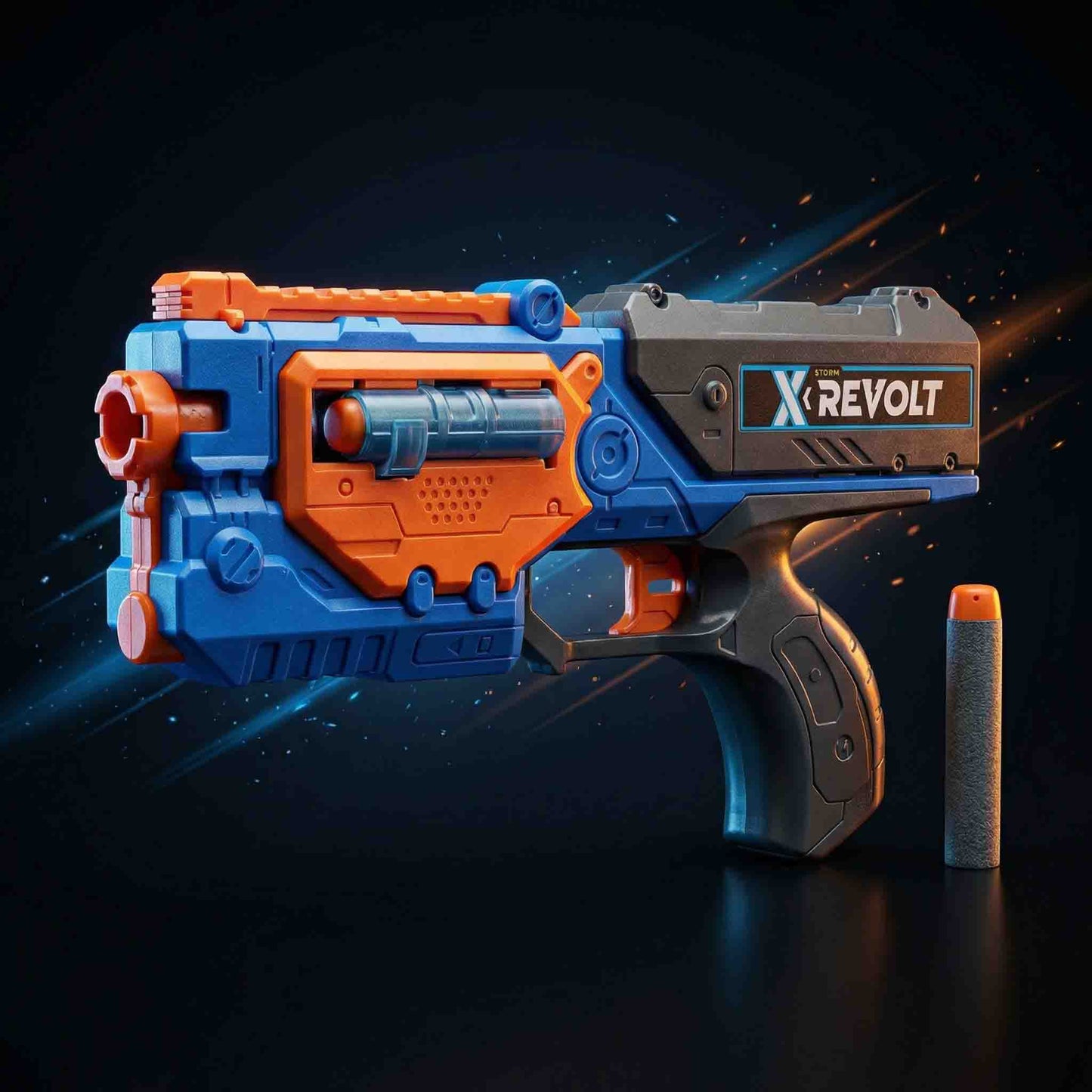 X Revolt Storm Shooter foam dart blaster toy
• Kids foam bullet shooting gun
• Blue and orange toy blaster with foam darts
• Safe shooting toy for children