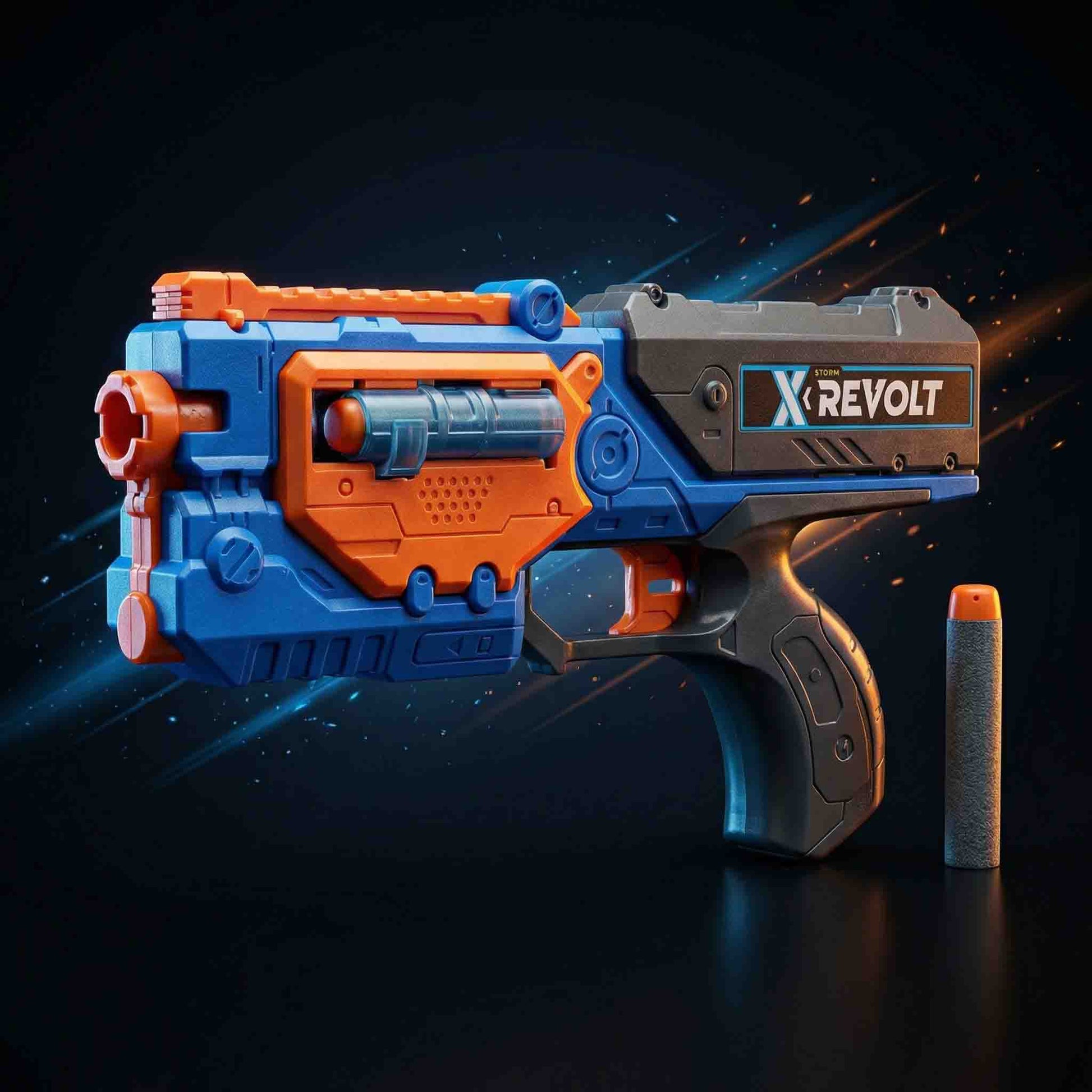X Revolt Storm Shooter foam dart blaster toy
• Kids foam bullet shooting gun
• Blue and orange toy blaster with foam darts
• Safe shooting toy for children