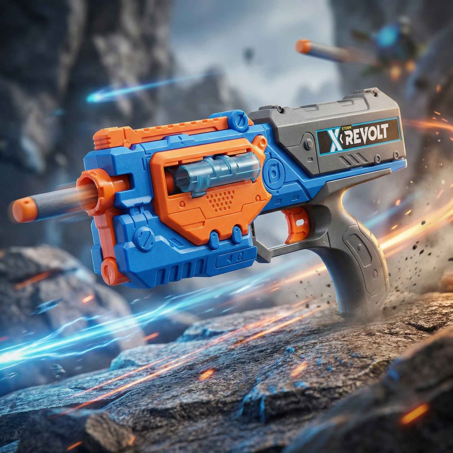 Blue and orange toy blaster with foam darts