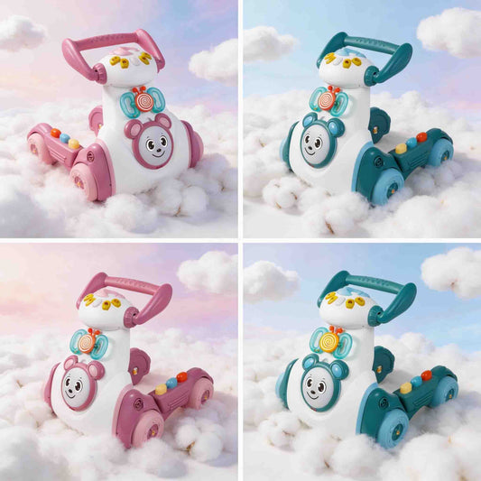 Baby push walker ride-on toy with music lights and interactive buttons for toddlers