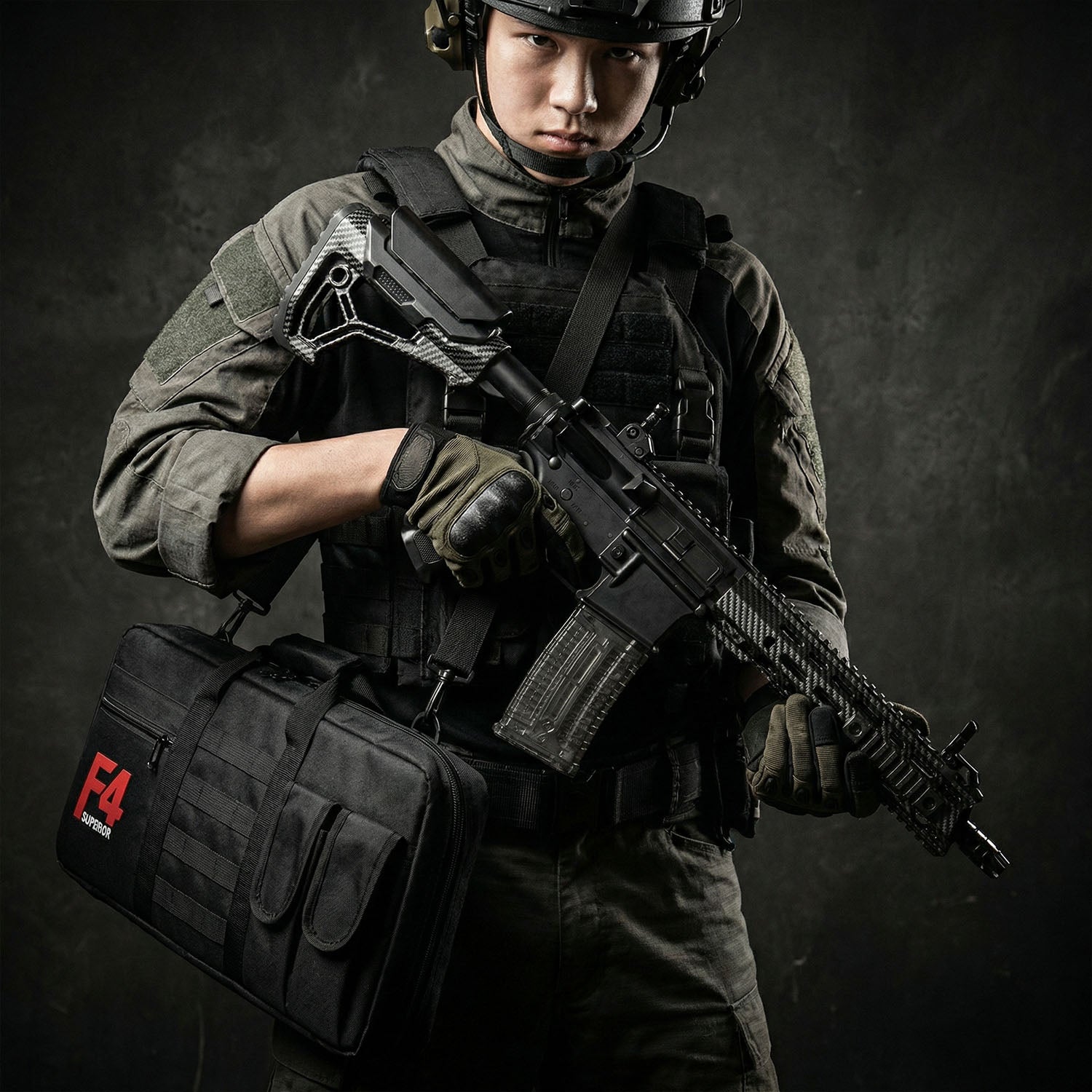 AR-15 F4 electric water gel blaster with adjustable stock and carry case