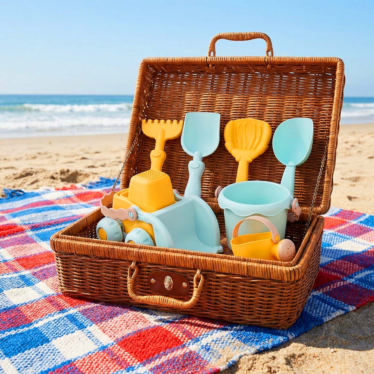 7-Piece Beach Series Sand & Water Play Set for Kids – Beach Truck Bucket Toys with Shovel, Rake & Scoops - Qatar