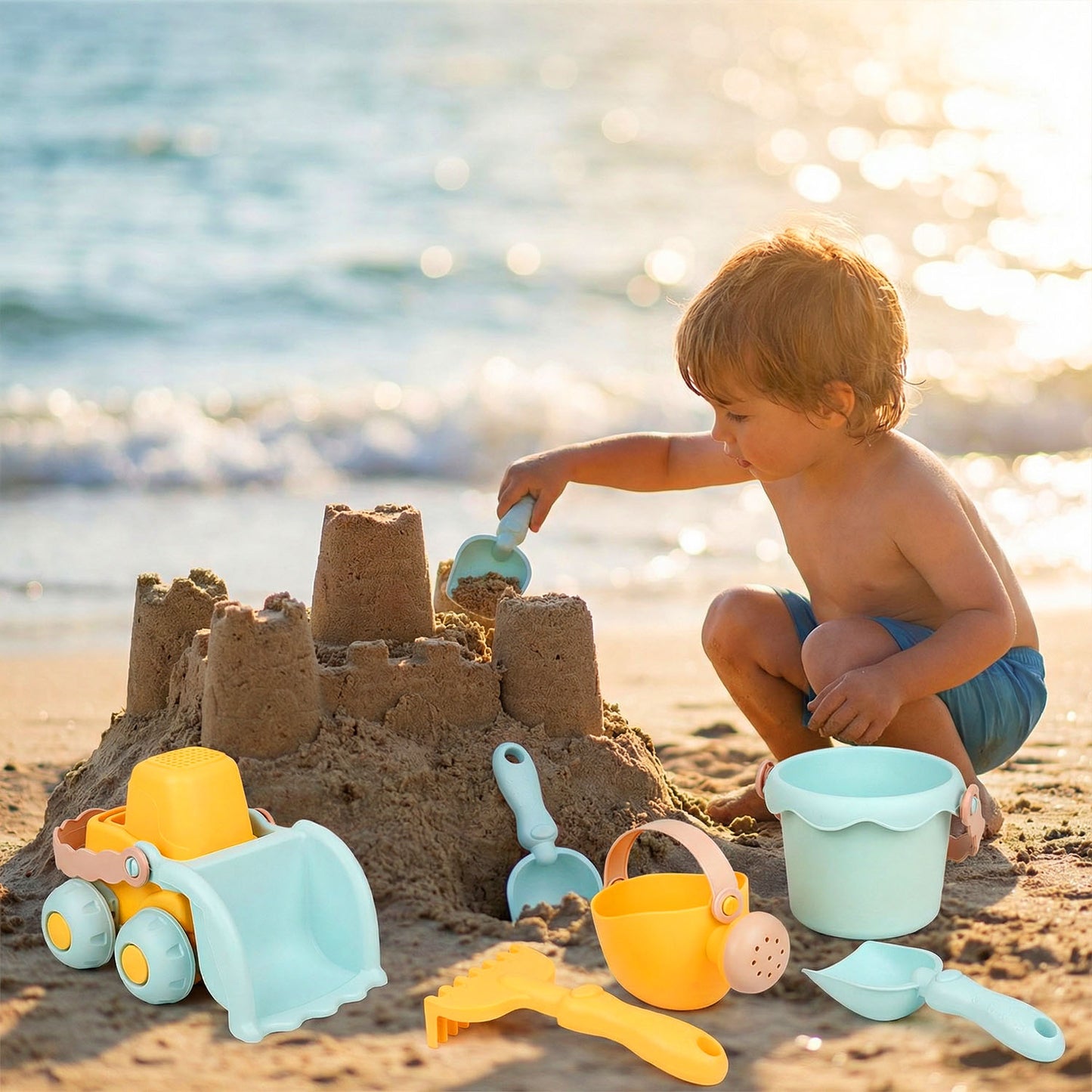 7-Piece Beach Series Sand & Water Play Set for Kids – Beach Truck Bucket Toys with Shovel, Rake & Scoops - Qatar