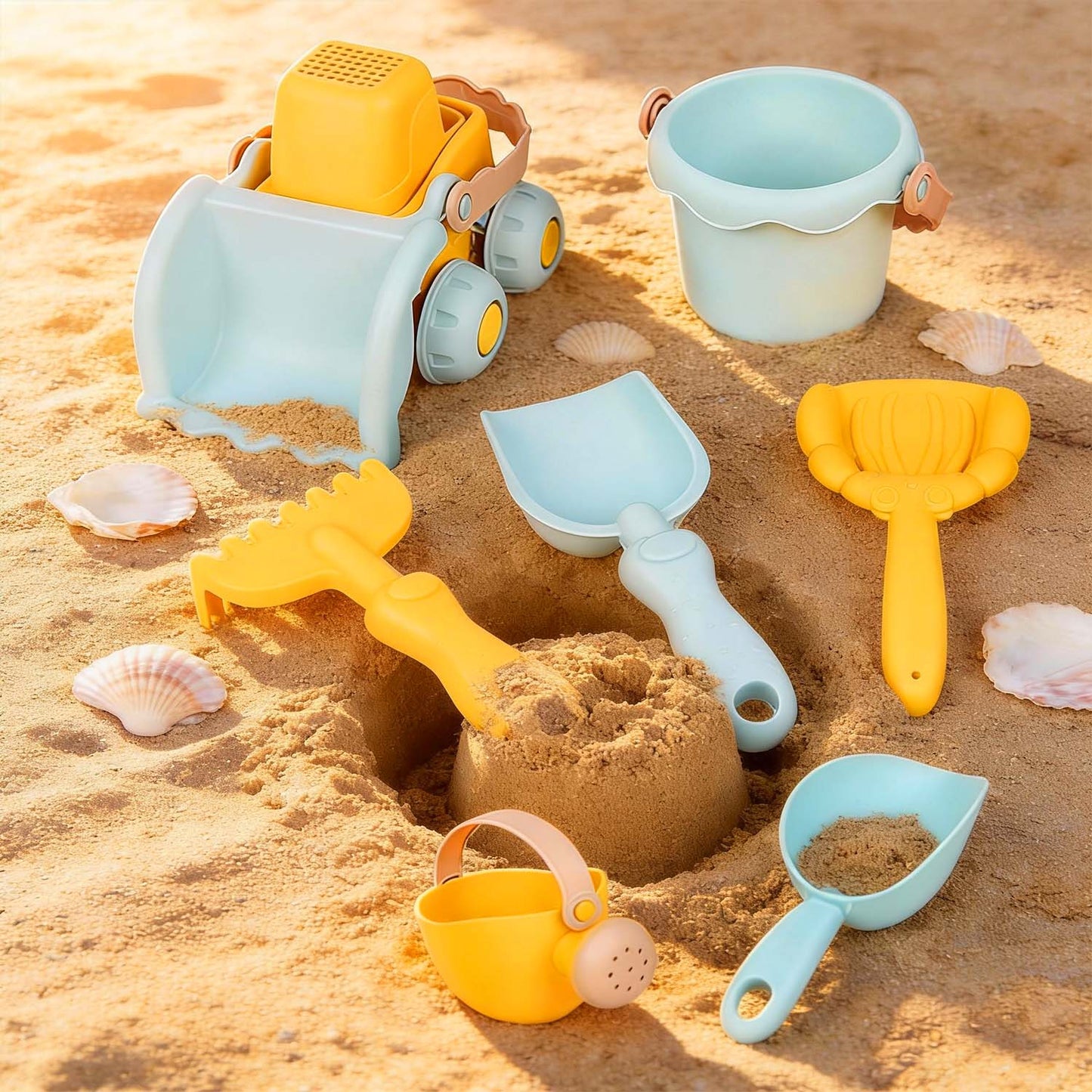 7-Piece Beach Series Sand & Water Play Set for Kids – Beach Truck Bucket Toys with Shovel, Rake & Scoops - Qatar