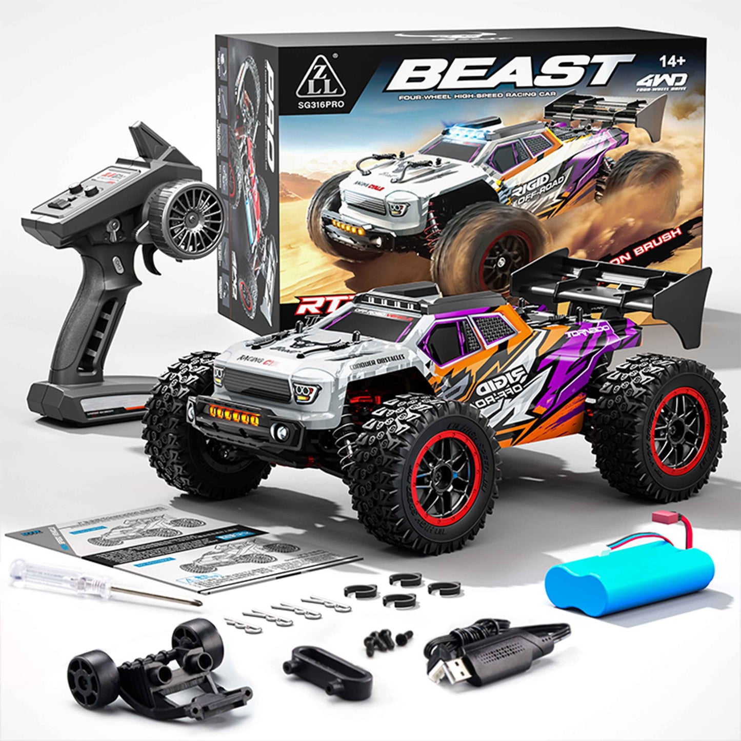 BEAST 4WD High-Speed RC Off-Road Truck (White/Purple/Orange) 1:16