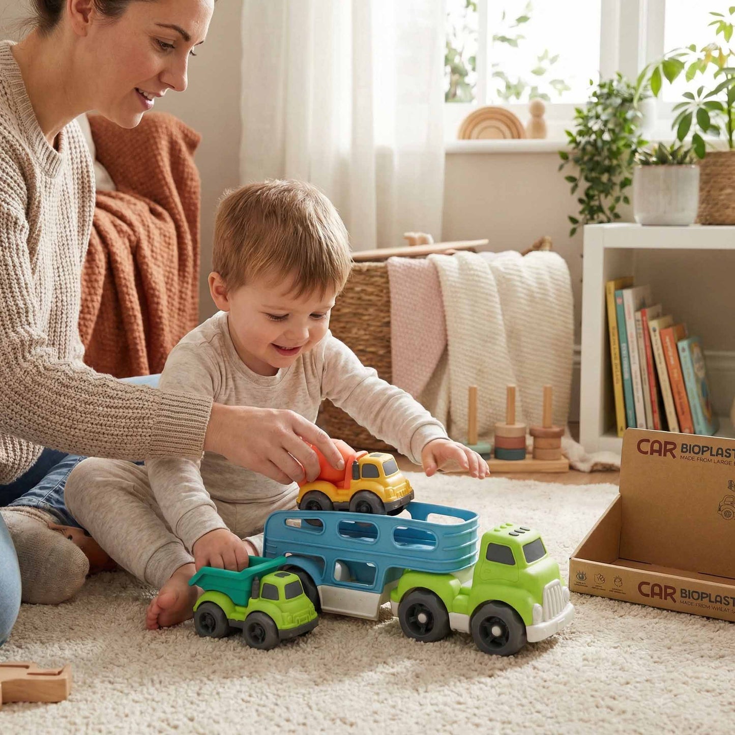 Bioplastic car carrier truck set made from wheat straw with mini construction vehicles 18M+