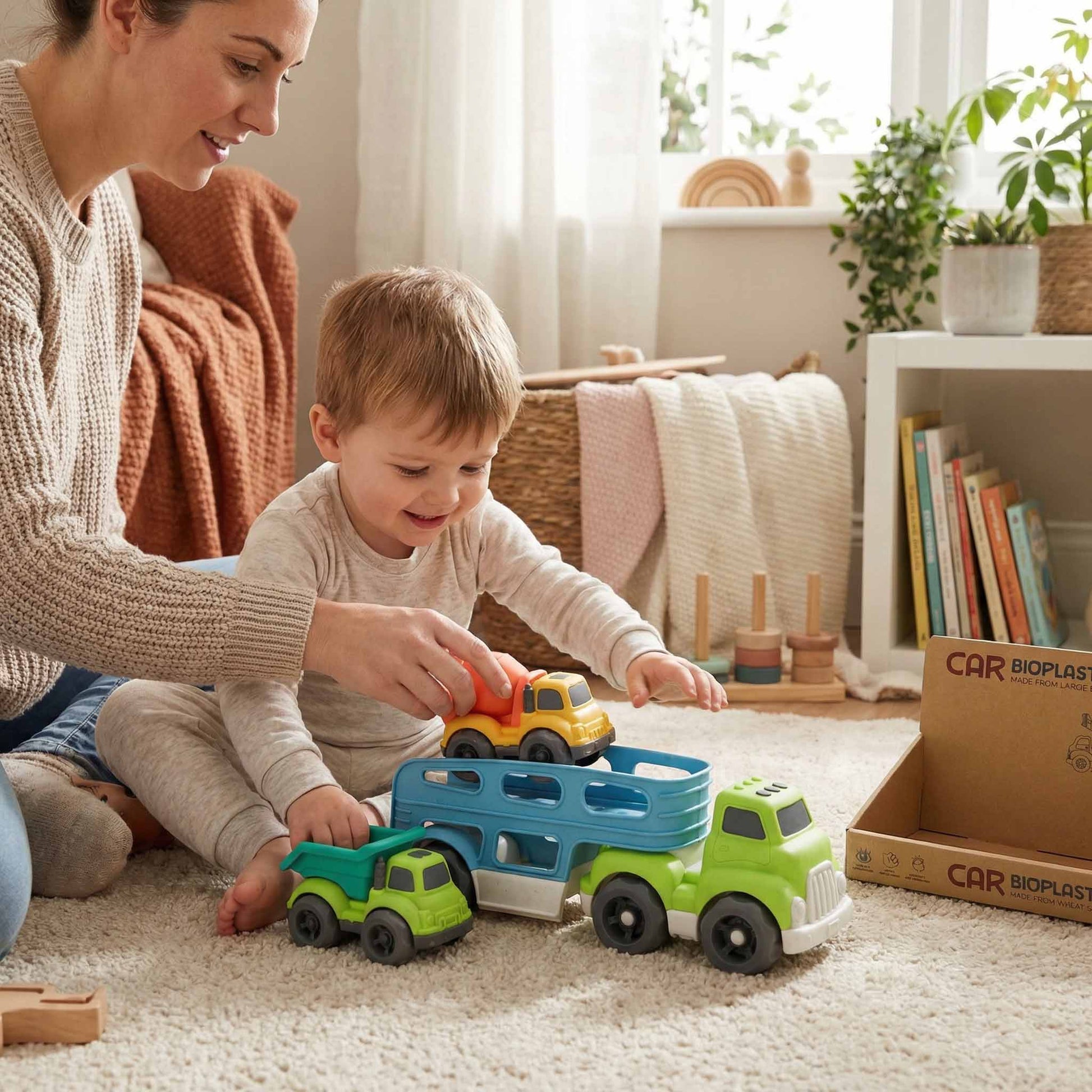 Bioplastic car carrier truck set made from wheat straw with mini construction vehicles 18M+