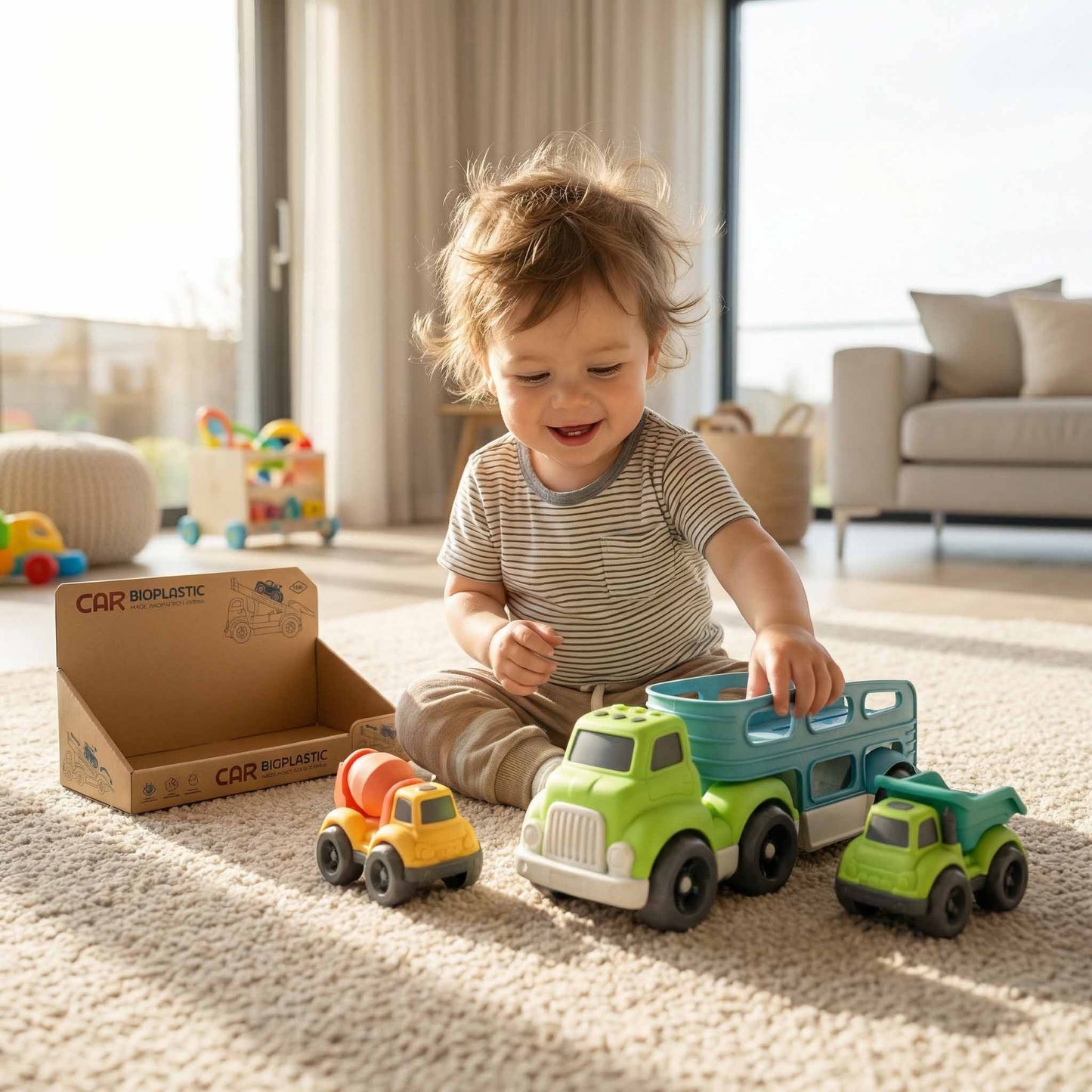Eco friendly wheat straw bioplastic toy truck carrier with cement mixer and dump truck