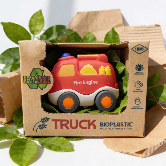 Eco friendly wheat straw fire truck toy with recyclable packaging and smooth wheels
