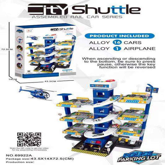 City Shuttle Police Parking Lot Garage Playset – 16 Alloy Cars + 1 Alloy Airplane (Multi-Level Track)