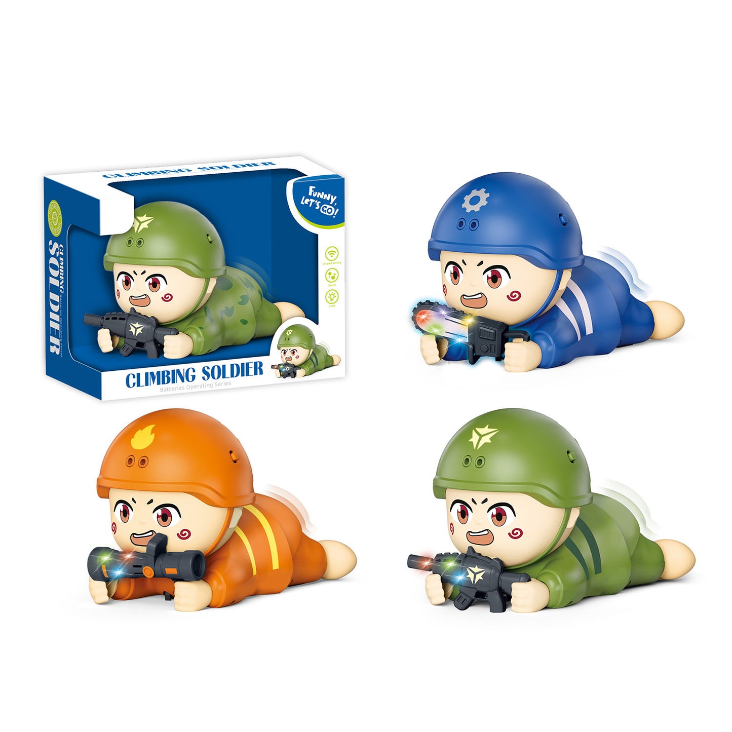 Climbing soldier interactive toy with crawling movement lights and sound

Battery operated crawling soldier action figure toy for kids

Kids interactive soldier toy with flashing lights and sound effects

Cartoon style crawling action toy designed for children ages 3+

Indoor kids toy soldier with movement and sensory features
