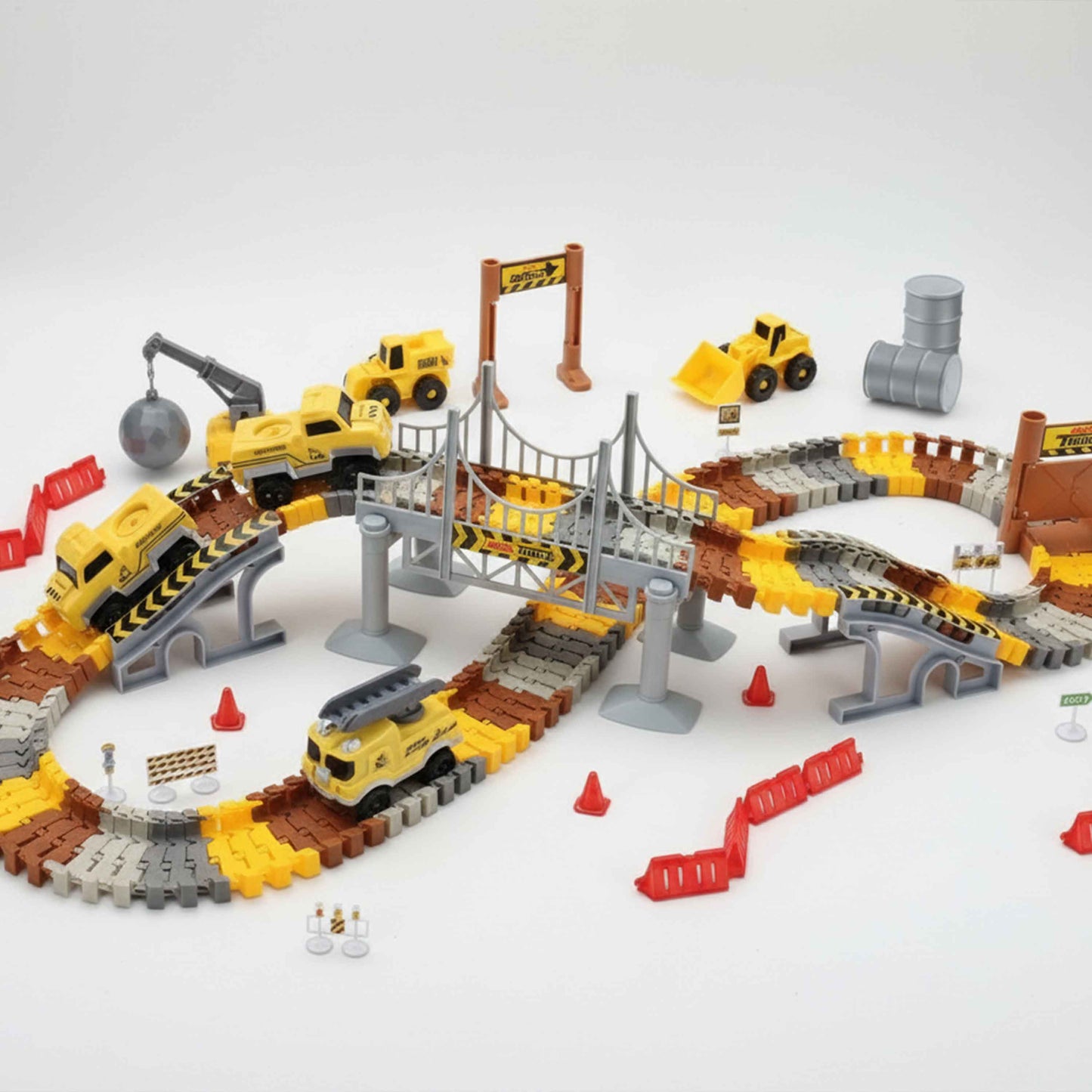 Construction Trucks Flexible Track Set 144pcs with Bridge & LED Cars (3+)
