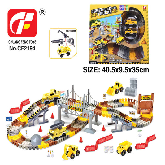 Construction Trucks Flexible Track Set 144pcs with Bridge & LED Cars (3+)