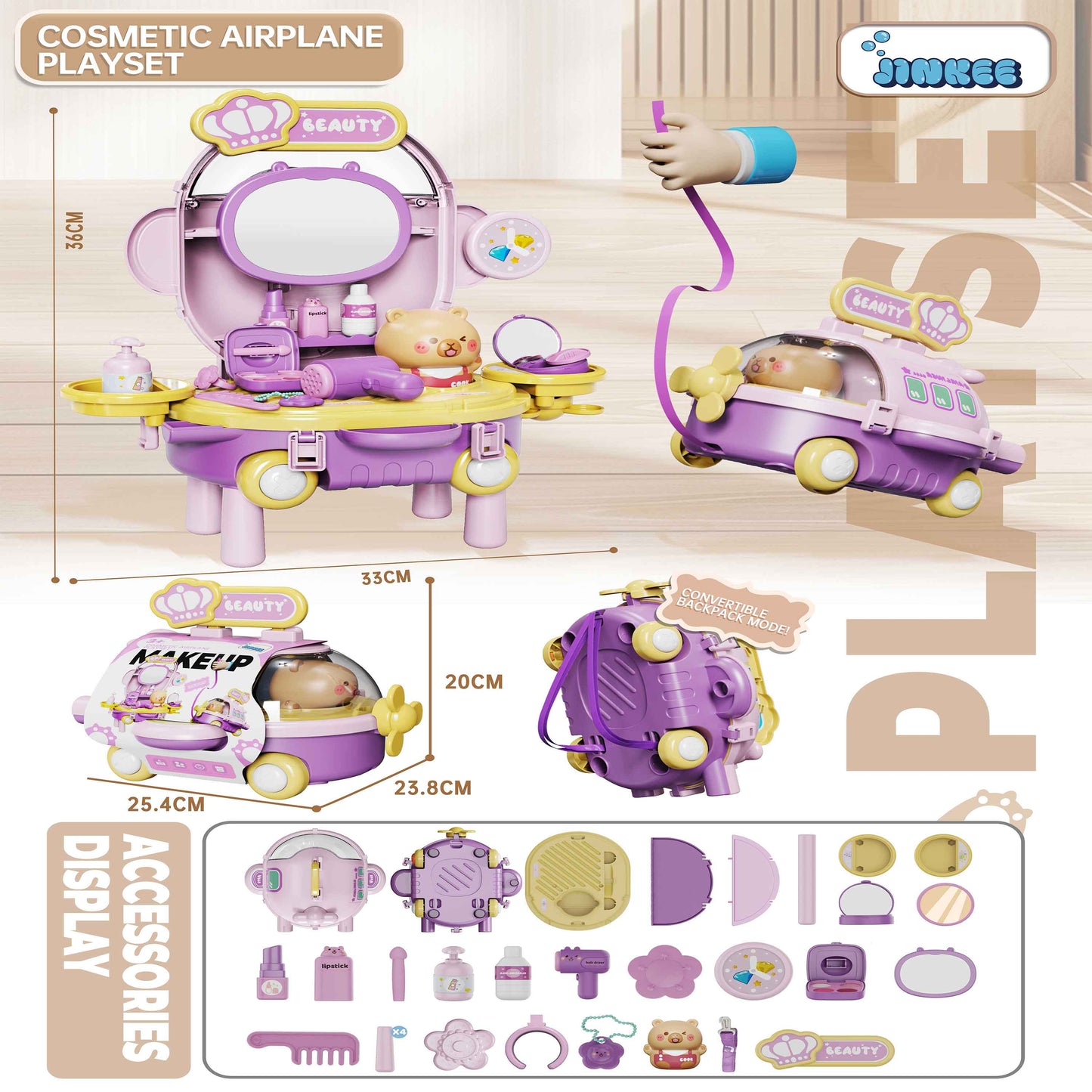 Convertible Beauty Airplane Vanity Table with Accessories (Kids Pretend Play)