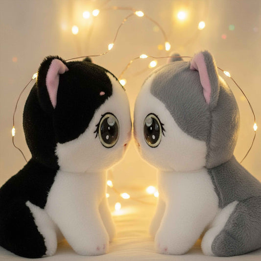 Kawaii Cat Plush Toy – Soft Stuffed Kitten with Big Eyes (Grey/Black)