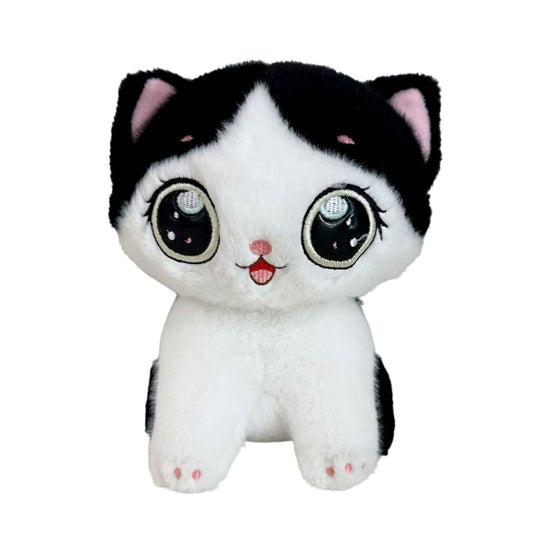 Kawaii Cat Plush Toy – Soft Stuffed Kitten with Big Eyes (Grey/Black)