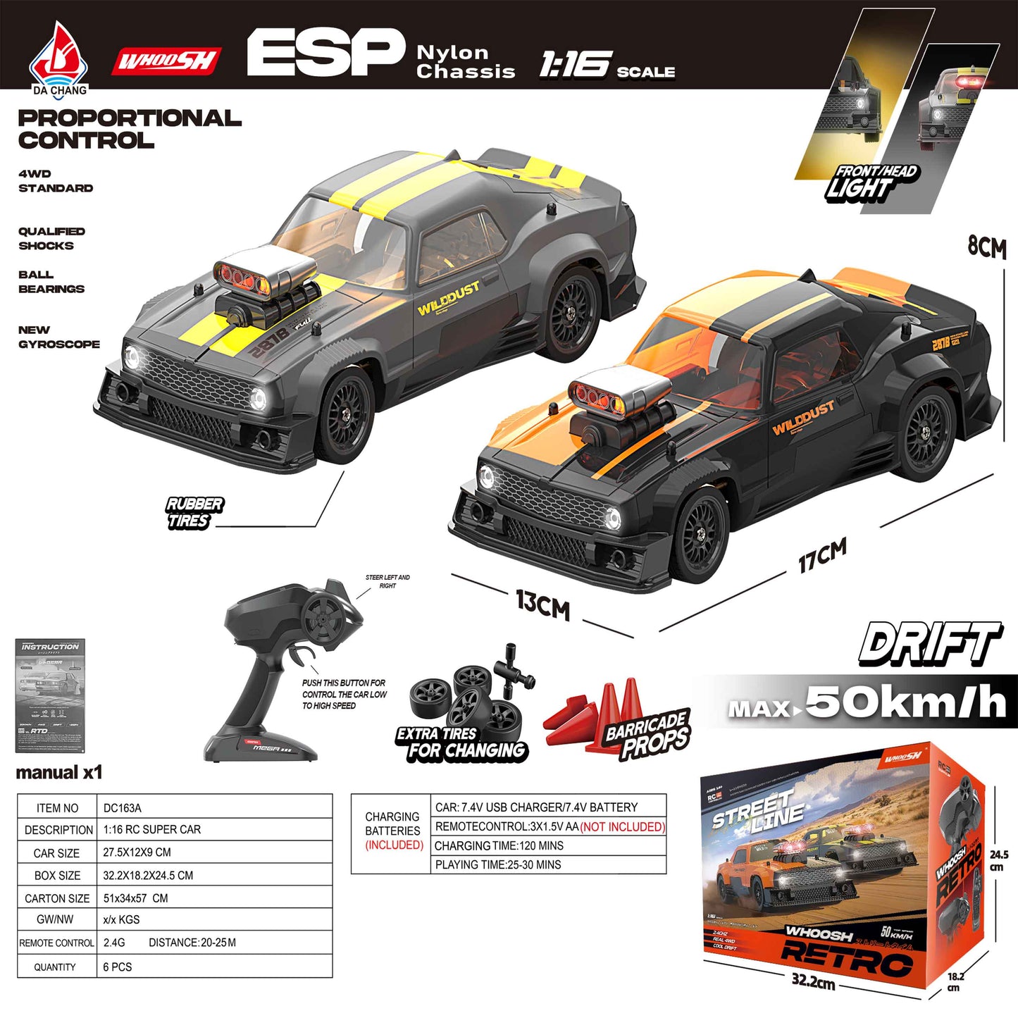 1:16 4WD Proportional RC Drift Car with ESP Gyro – 50km/h