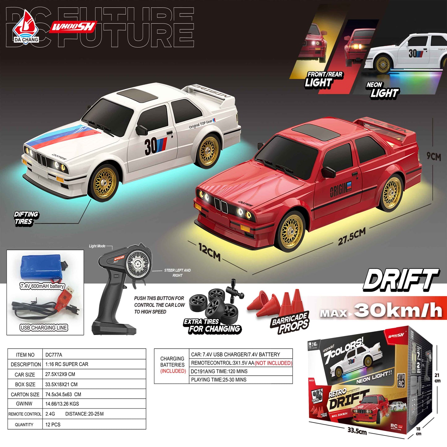 1:16 RC Drift Car 30km/h – 7-Color Neon Lights + Front/Rear Lights, 2.4GHz Remote