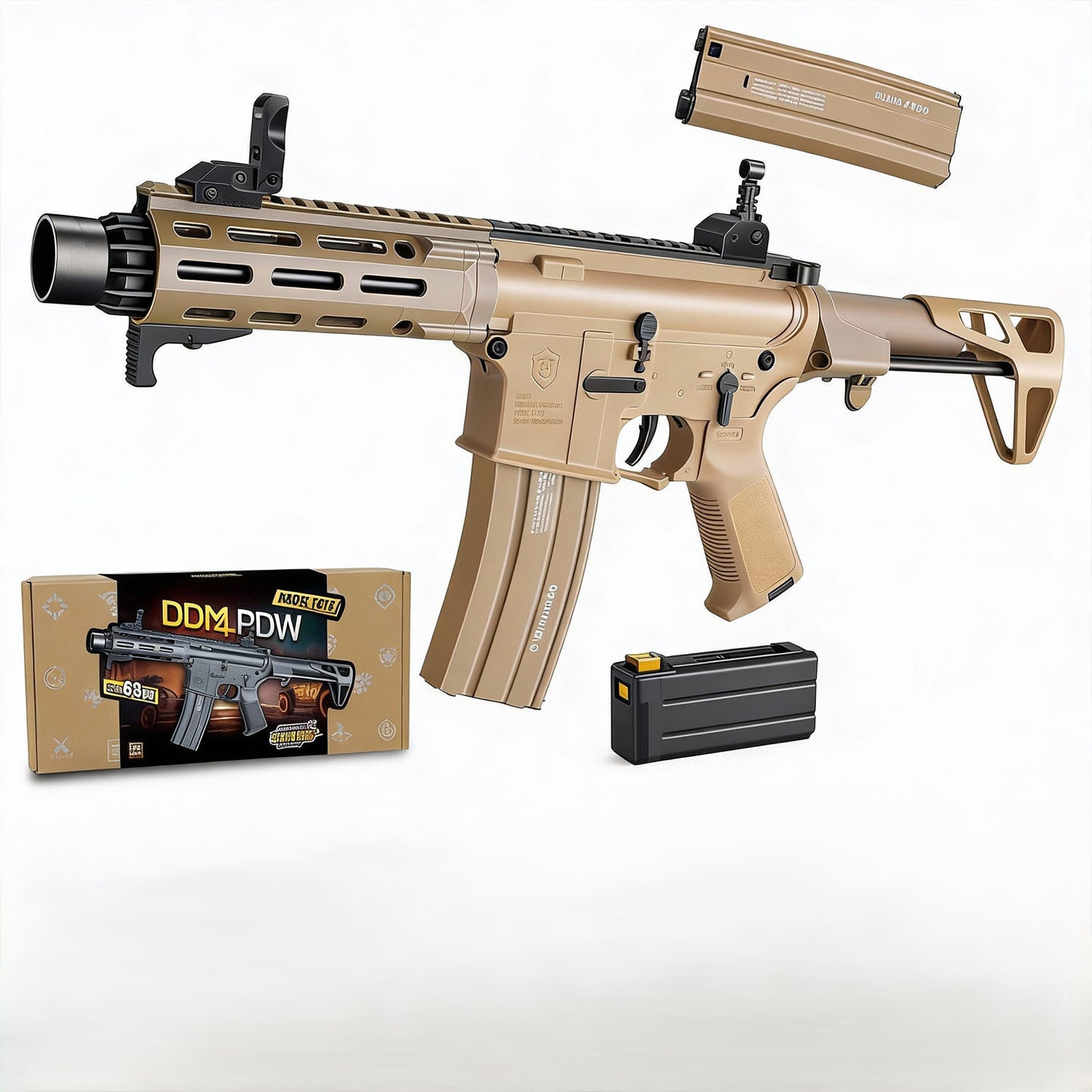 Tan DDM4-PDW gel blaster style toy with retractable stock