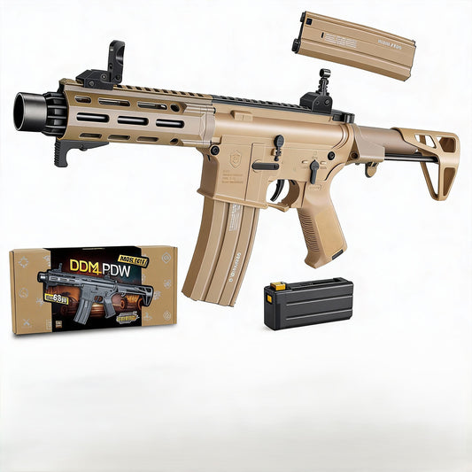 Tan DDM4-PDW gel blaster style toy with retractable stock