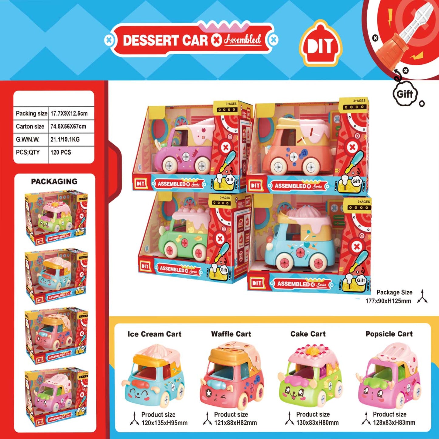 Kids DIY dessert car toy set with ice cream cart

Assembled cake and waffle dessert toy cars for kids

Pretend dessert shop toy car collection

Colorful popsicle and ice cream cart toy vehicles

DIY assembled dessert themed toy cars for toddlers