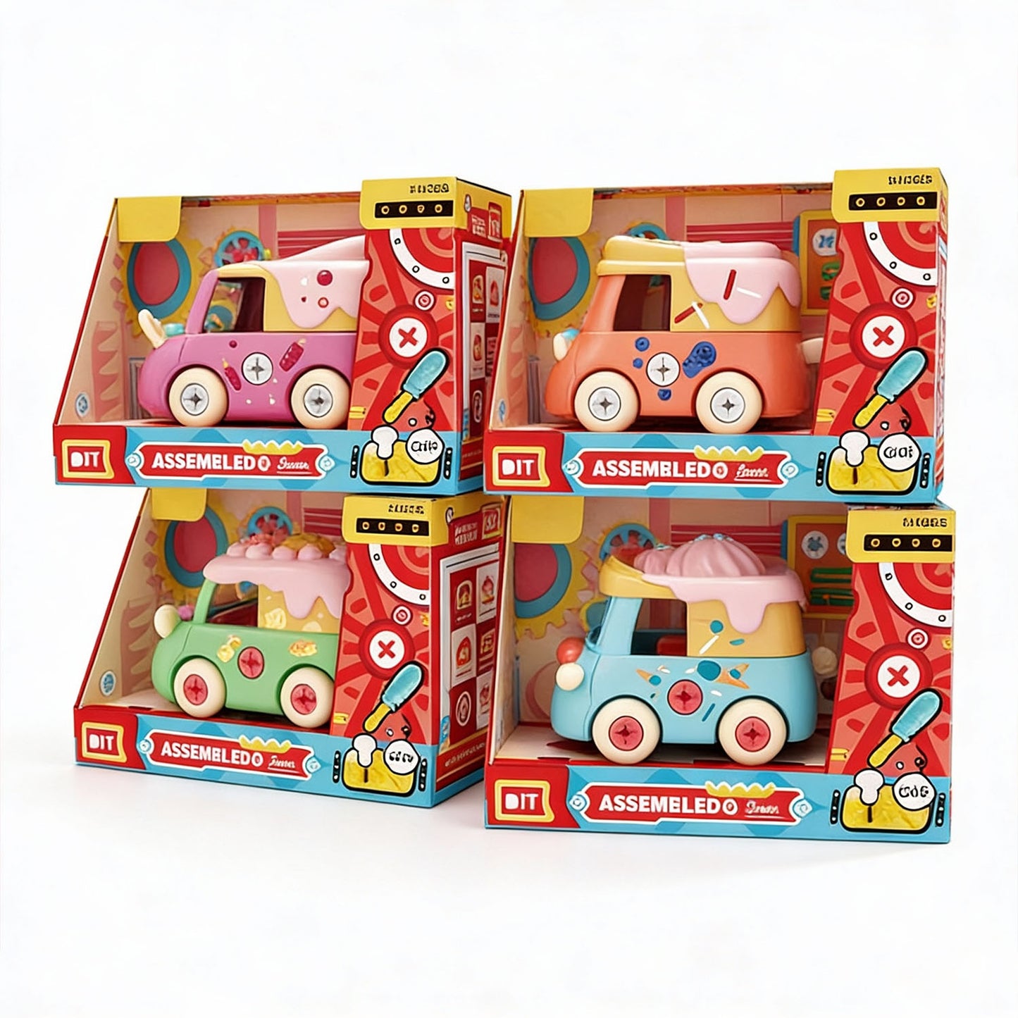 Kids DIY Dessert Car Assembled Toy Set – Ice Cream, Cake, Waffle and Popsicle Cart Toy Cars for Pretend Play and Creative Fun | Qatar