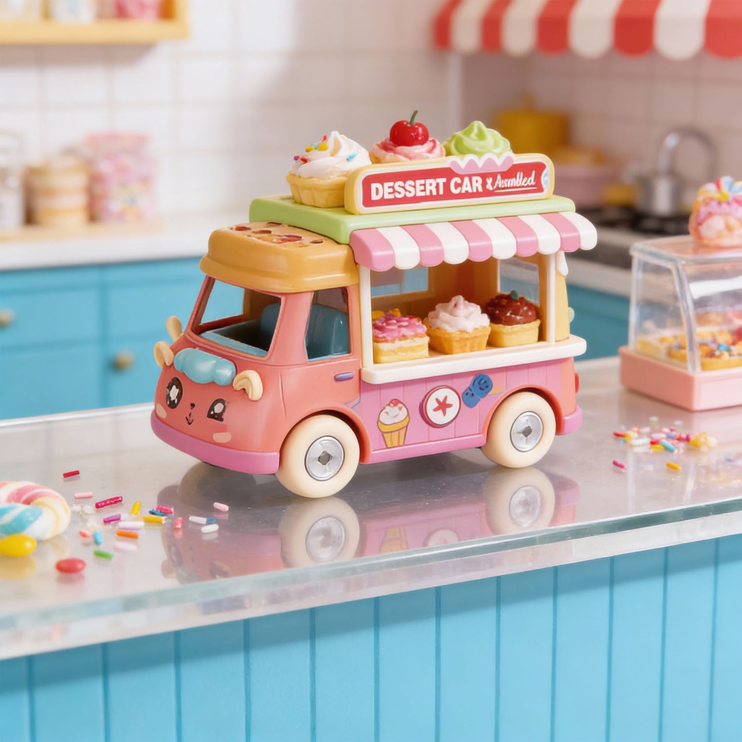 Kids DIY Dessert Car Assembled Toy Set – Ice Cream, Cake, Waffle and Popsicle Cart Toy Cars for Pretend Play and Creative Fun | Qatar