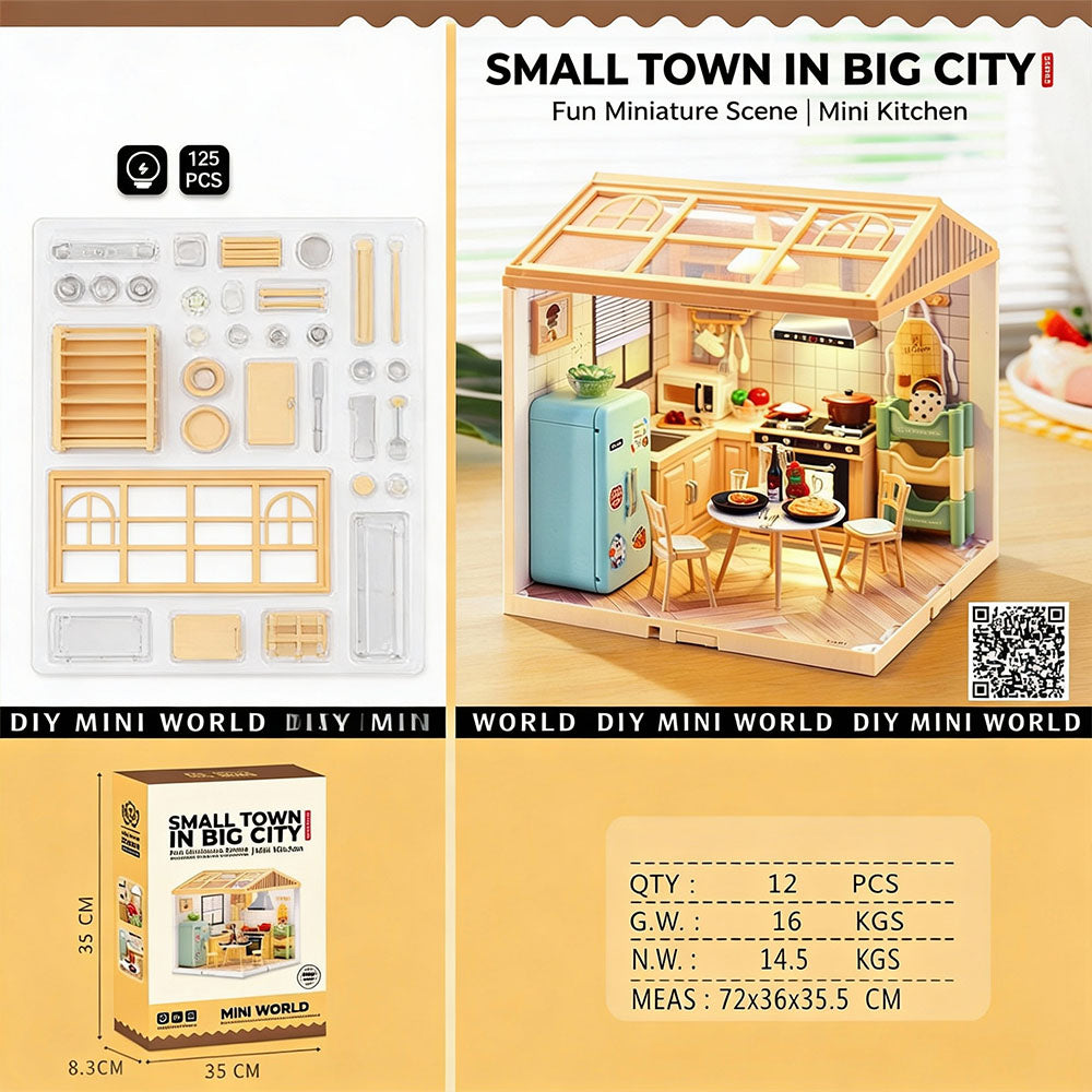 Small Town in Big City DIY mini kitchen miniature scene set 125pcs

DIY mini world miniature kitchen model kit with furniture and décor

Mini kitchen miniature house set with fridge table and kitchen accessories

Creative DIY miniature scene kit finished size 19x19x21.5cm

DIY mini world kitchen room miniature model display set