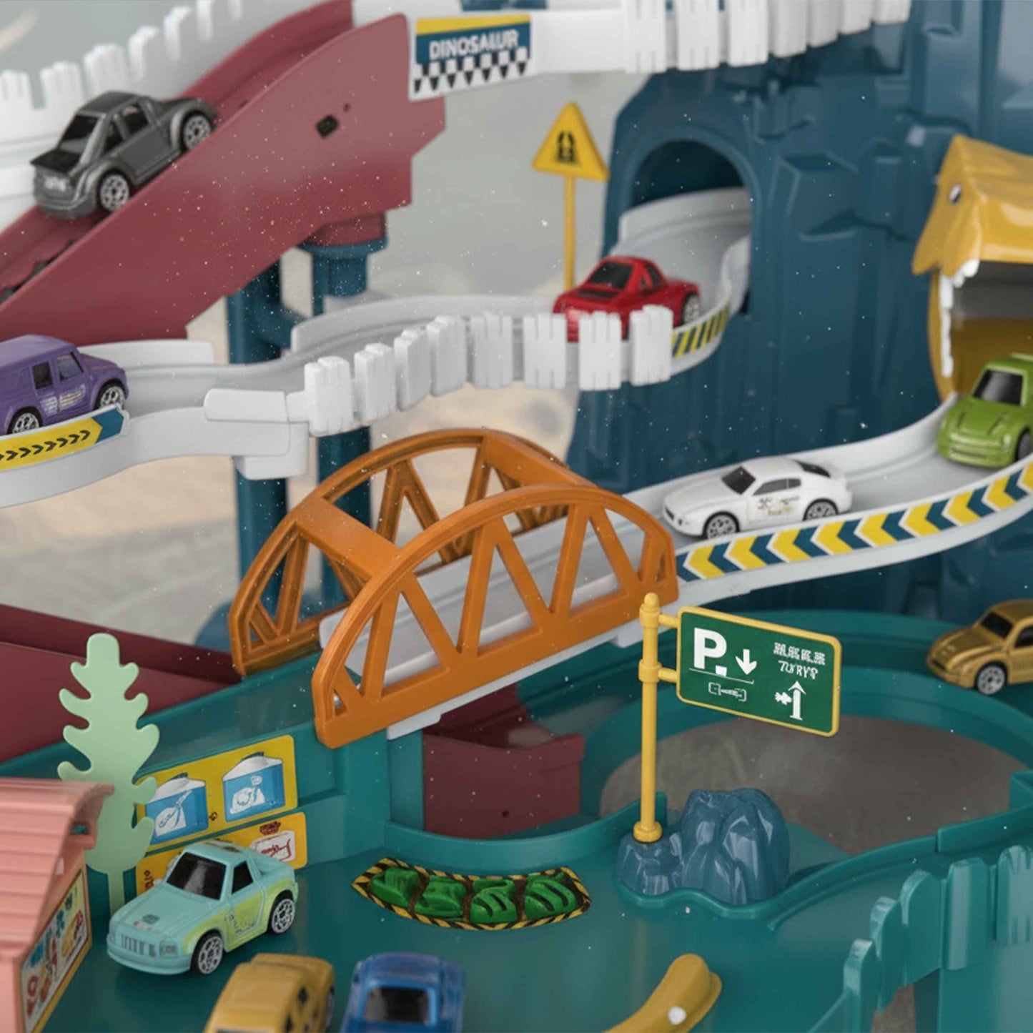 Dinosaur Parking Lot Car Track Playset with Ramps (Age 3+)