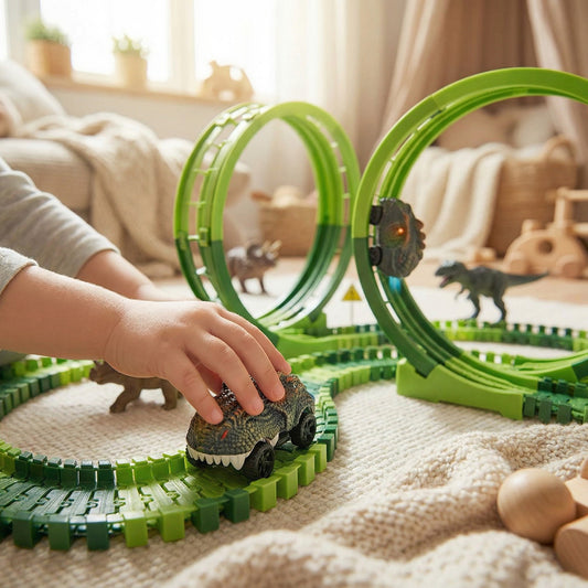 Dinosaur world loop track playset with double racing loops