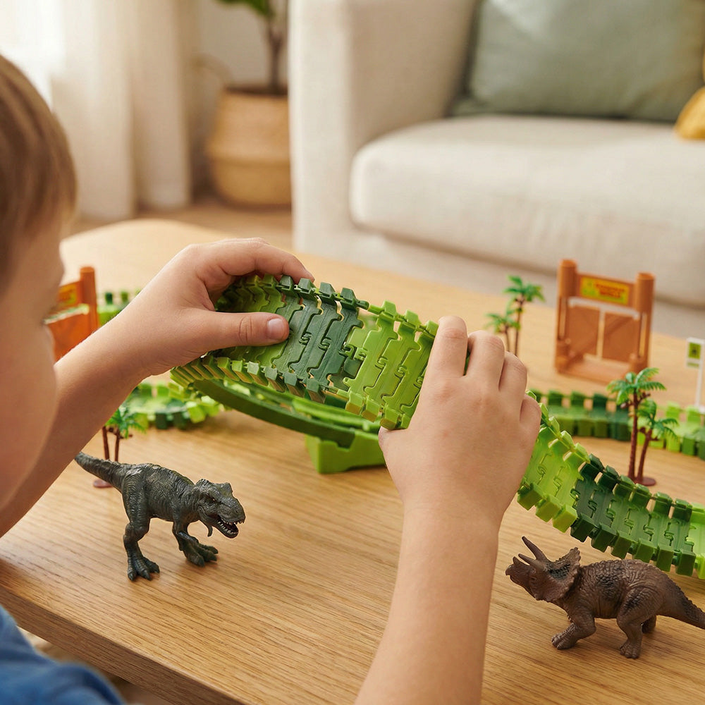 Kids dinosaur car track toy with dinosaurs and accessories