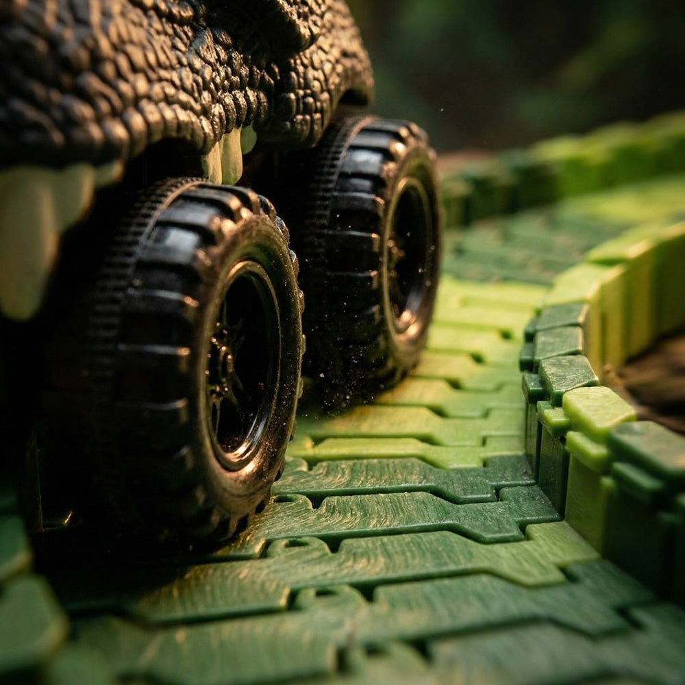 Close-up of toy tank tracks on a textured green surface