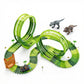 Toy dinosaur track set with green tracks and small dinosaurs 