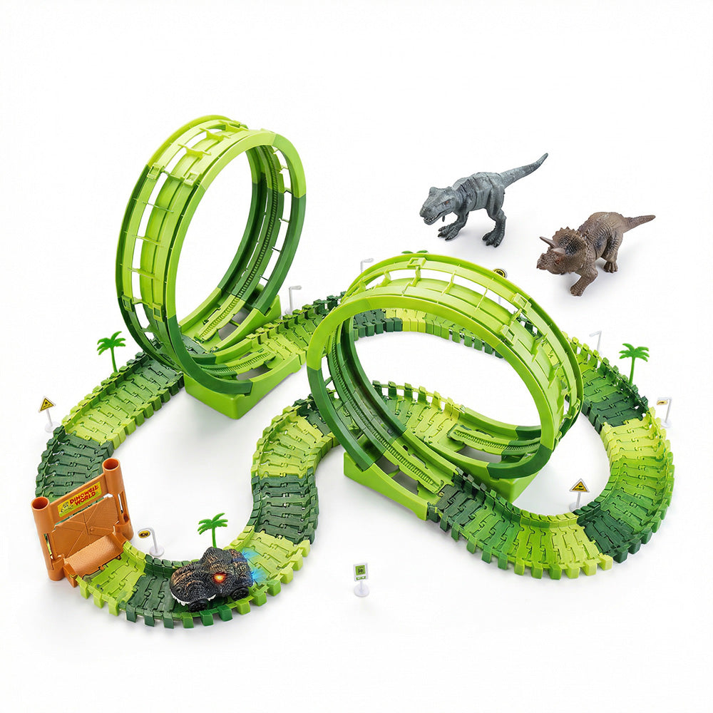 Toy dinosaur track set with green tracks and small dinosaurs 