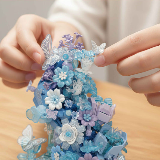 Blue Floral Building Blocks Display Set with Butterfly