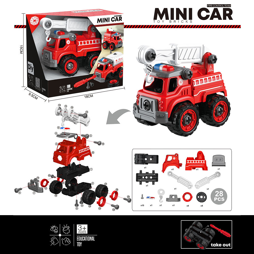 Mini car toy bricks DIY fire ladder truck assembly set 28pcs for kids 3+

DIY assemble fire ladder truck toy with screw parts educational toy

Kids firefighter rescue ladder truck mini construction toy bricks set

Preschool STEM DIY ladder fire truck toy vehicle with rolling wheels

Mini fire truck ladder building toy set for toddlers ages 3+