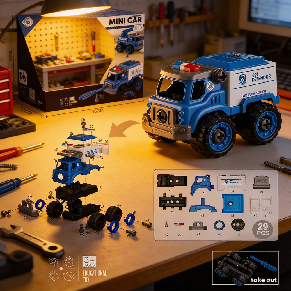 DIY assemble police defender truck toy with screw parts educational toy