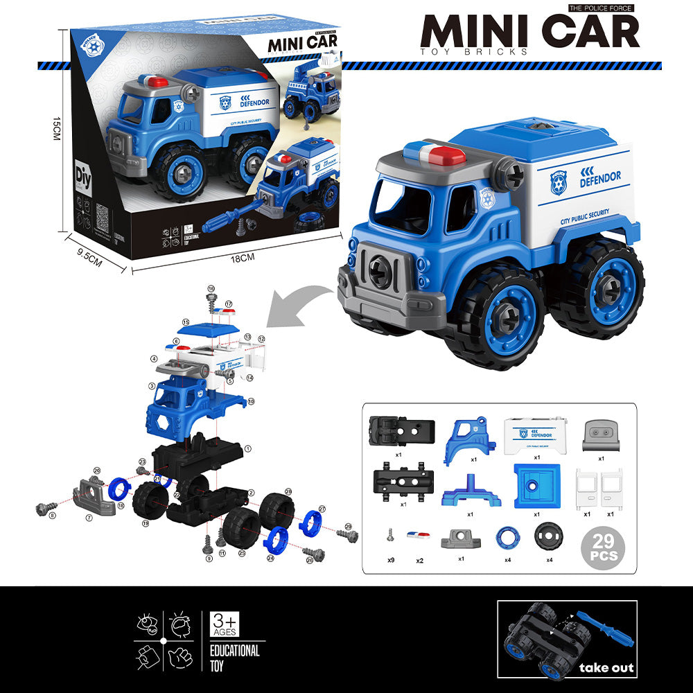 Mini car toy bricks DIY police defender truck assembly set 29pcs for kids 3+

DIY assemble police public security truck toy with screw parts educational toy

Kids police defender truck mini construction toy bricks set with strong wheels

Preschool STEM DIY police truck toy vehicle building set 29 pieces
