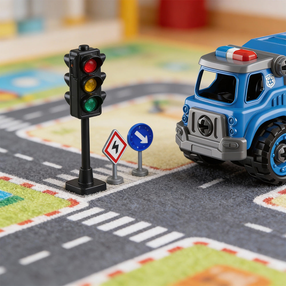 Kids police truck mini construction toy bricks set with strong wheels