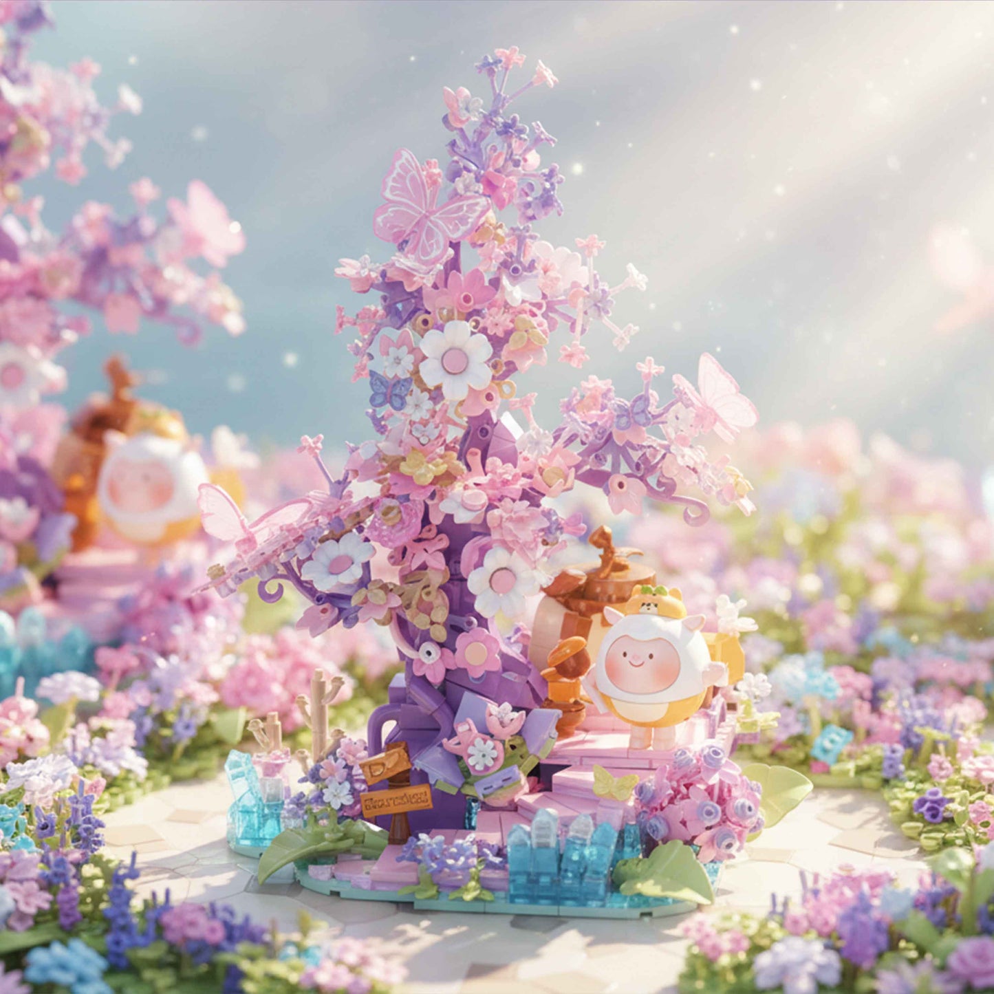 Pink Floral Tree Building Blocks Display Set with Butterflies