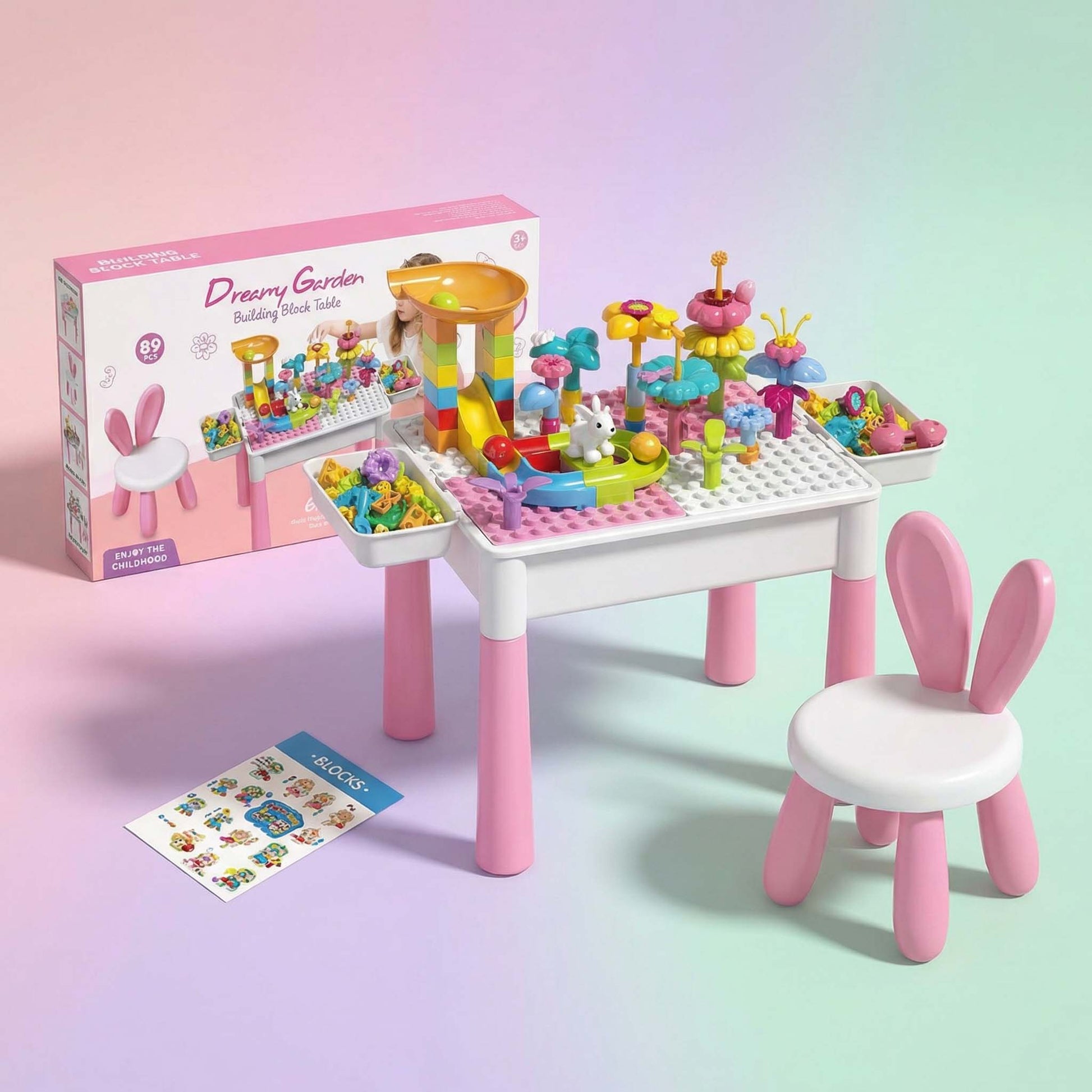 Dream Garden building block table DIY marble run flower set 89pcs for kids 3+

Kids building block activity table with marble run track and storage trays

DIY flower garden marble run building blocks table set with bunny stool

Educational STEM block table set for toddlers preschool kids ages 3+

Dream Garden 89 piece building block table toy with rolling marble track