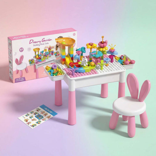 Dream Garden building block table DIY marble run flower set 89pcs for kids 3+

Kids building block activity table with marble run track and storage trays

DIY flower garden marble run building blocks table set with bunny stool

Educational STEM block table set for toddlers preschool kids ages 3+

Dream Garden 89 piece building block table toy with rolling marble track