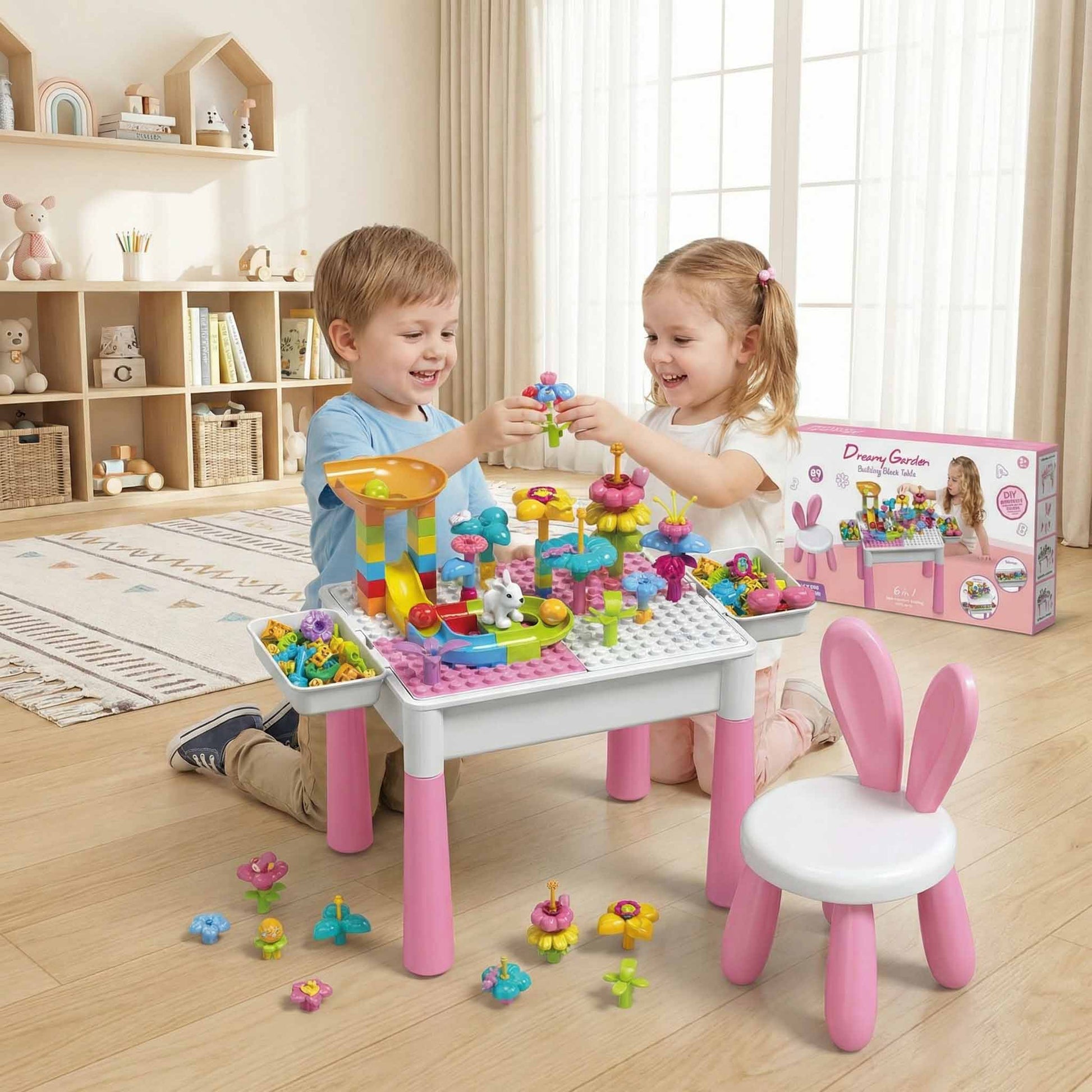 Kids building block activity table with marble run track and storage trays