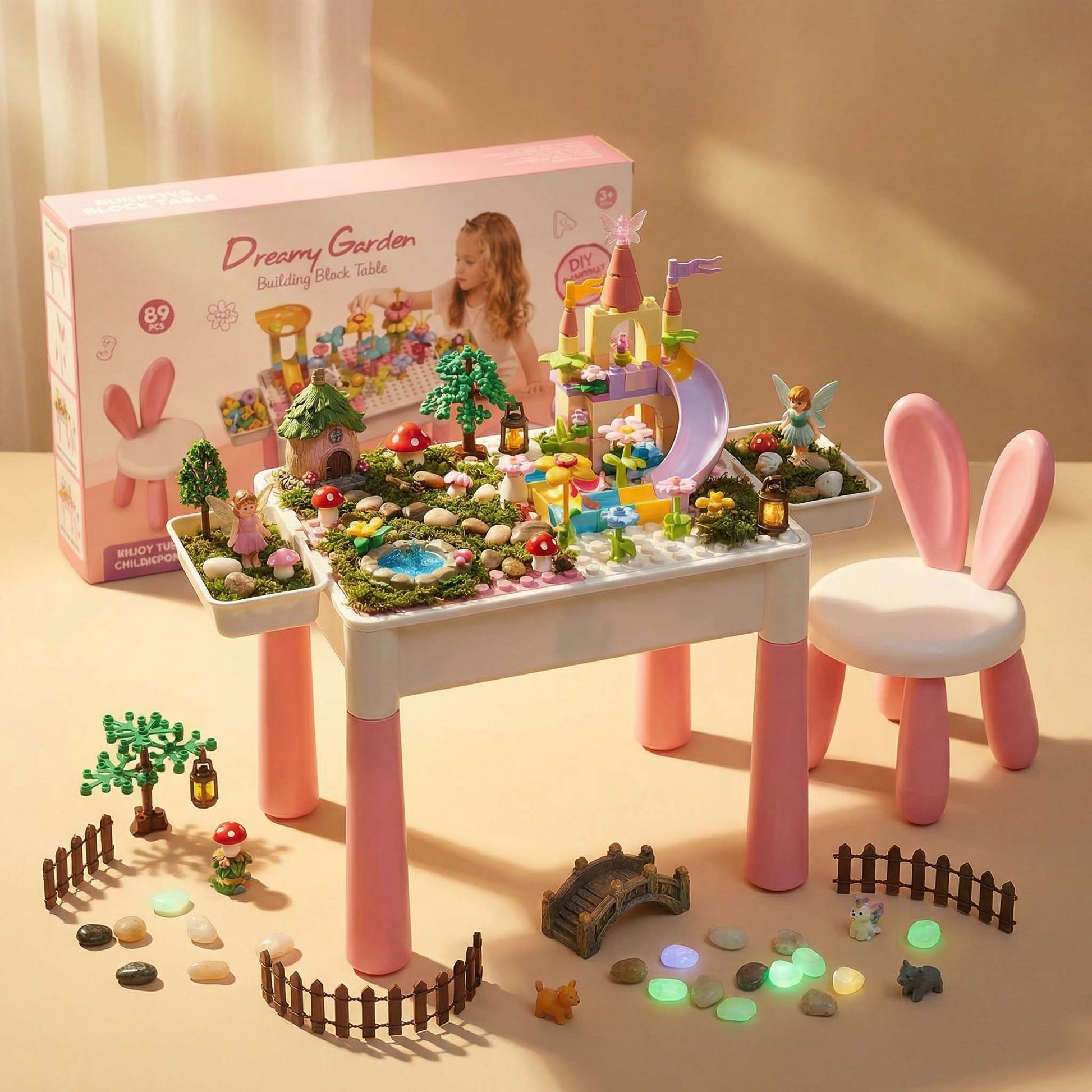 Dream Garden 89 piece building block table toy with rolling marble track