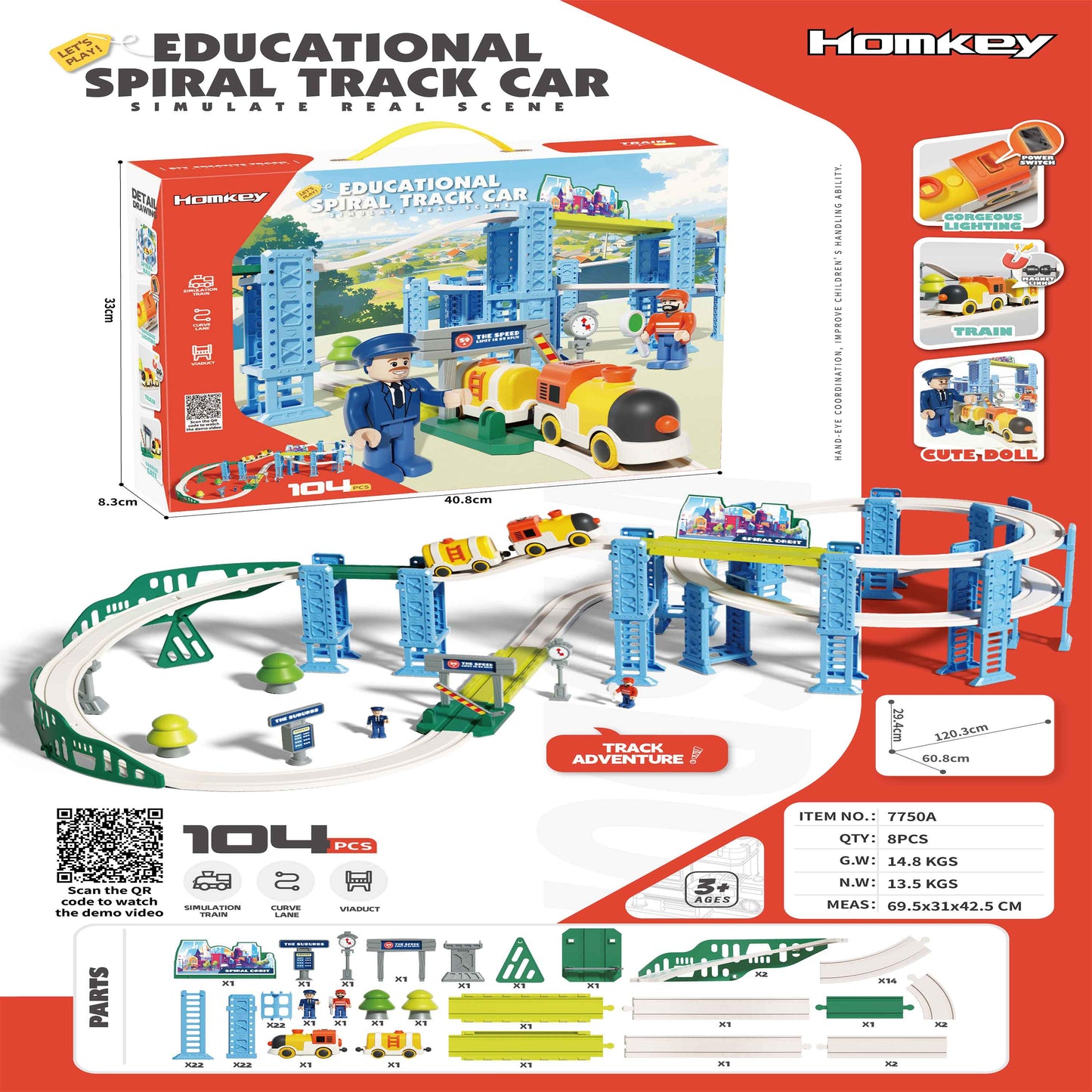 Educational Spiral Track Car Toy Set with 104 Pieces for Kids