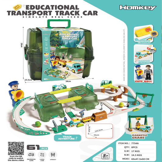 Educational Transport Track Car Playset – 61PCS – Magnetic Crane + Storage Case – Age 3+