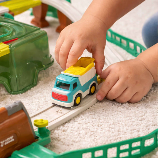 Educational Transport Track Car Playset – 61PCS – Magnetic Crane + Storage Case – Age 3+